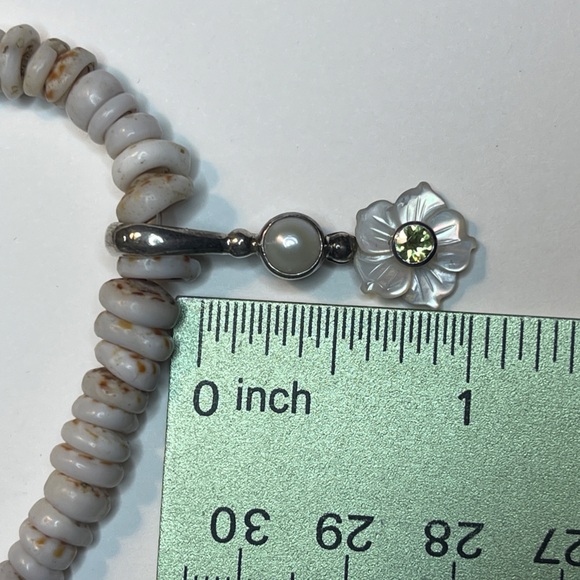 VINTAGE SHELL HEISHI Beads sterling silver flower Pendant NECKLACE vintage pearl - Picture 10 of 16